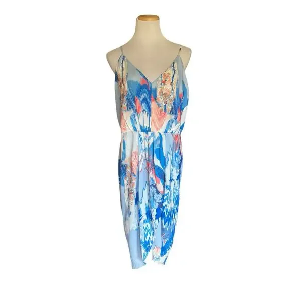 Chelsea28 Wedding Guest Vacation Resort Wear Midi Wrap‎ Dress 16 Blue Watercolor - Picture 2 of 6